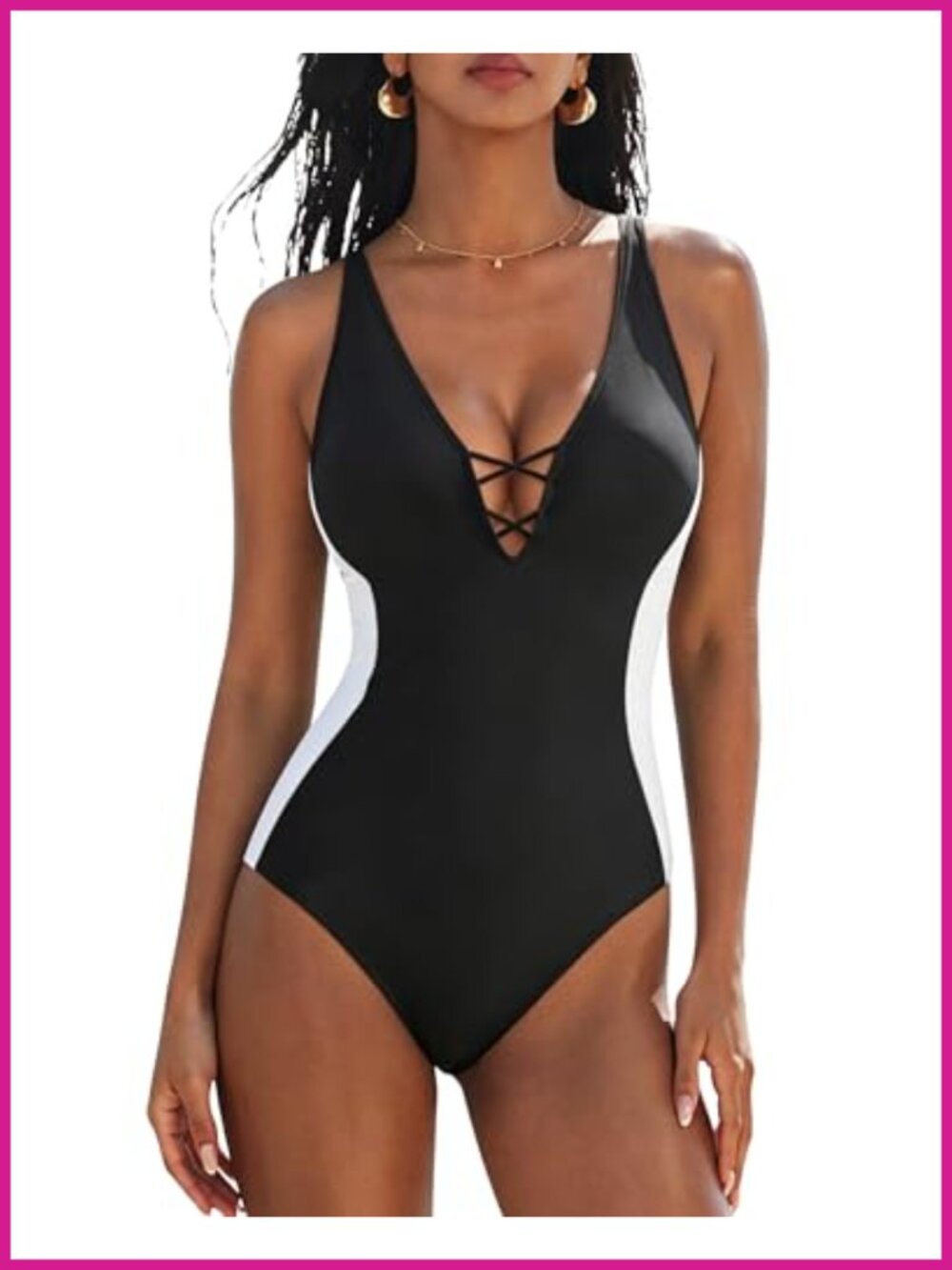 One Piece Tummy Control Swimsuit Crisscross Back Plunging Bathing Suit